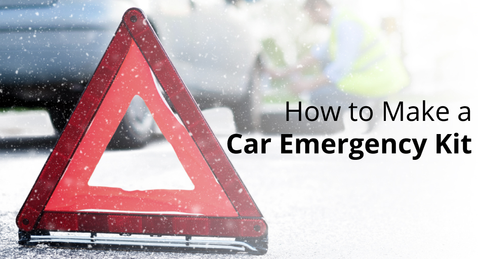 blog image of someone changing a tire on the roadside; blog title: How to Make a Car Emergency Kit